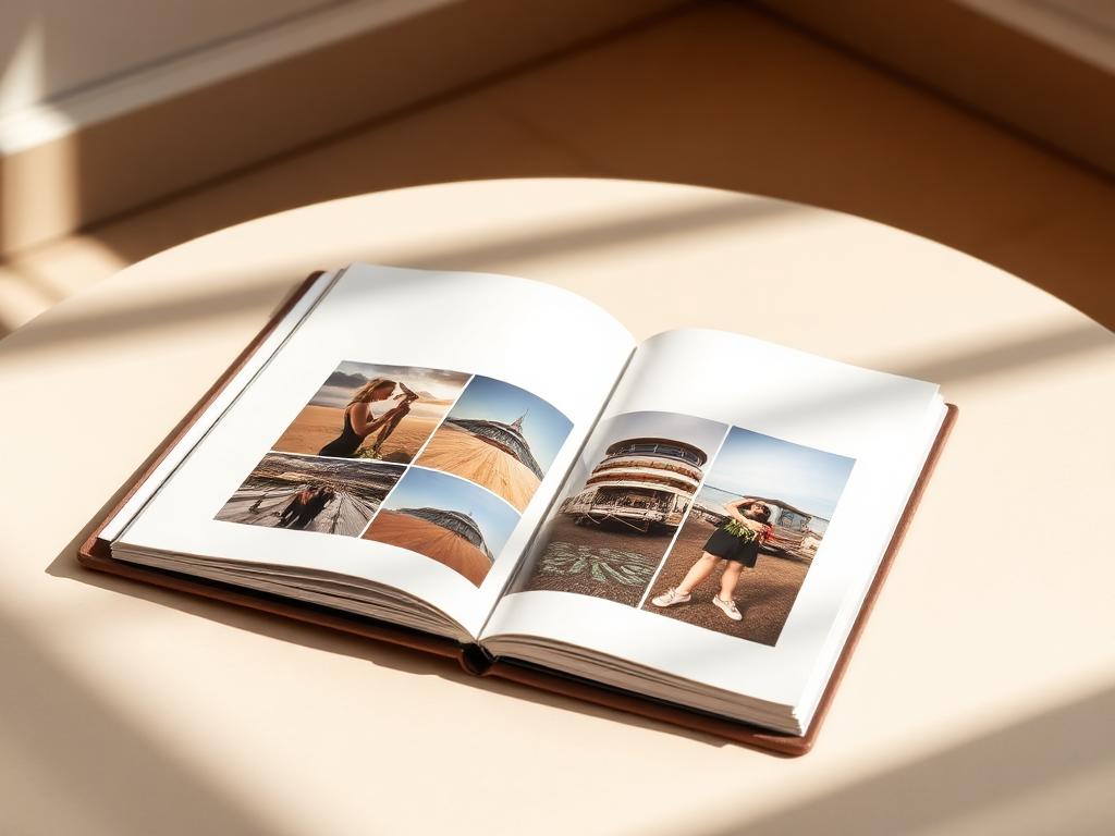 Photobook personalizado premium abierto sobre mesa de estudio